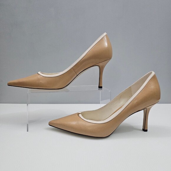 Tory Burch Double T Buckle Pump Womens 10.5 Tan Cream Leather Pointed Toe Heels - Picture 2 of 16